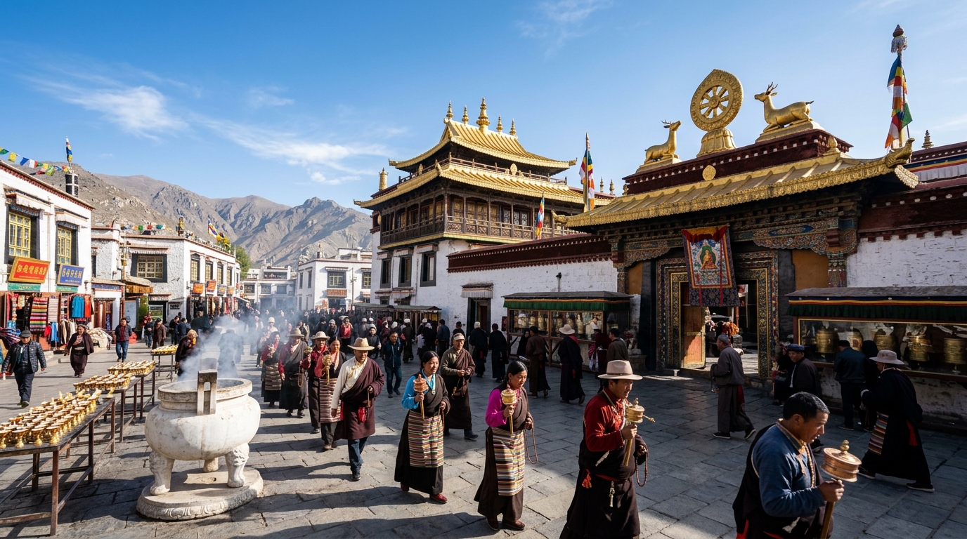 Golden-Roofed Jokhang Temple and Pilgrims in Barkhor Square